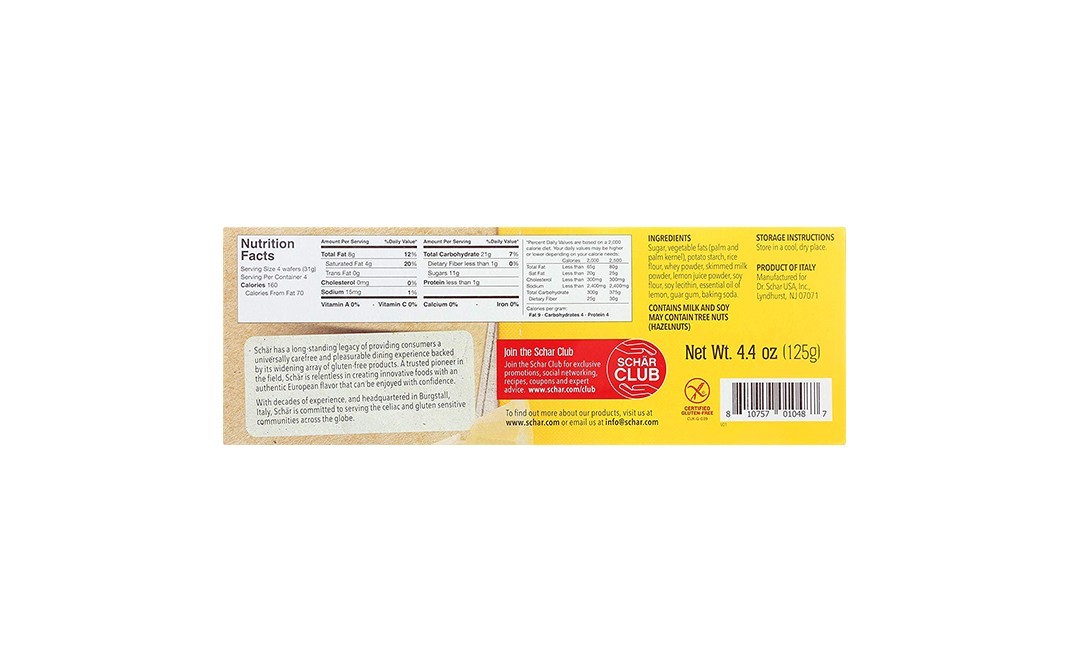 Schar Gluten Free Lemon Wafers    Pack  125 grams